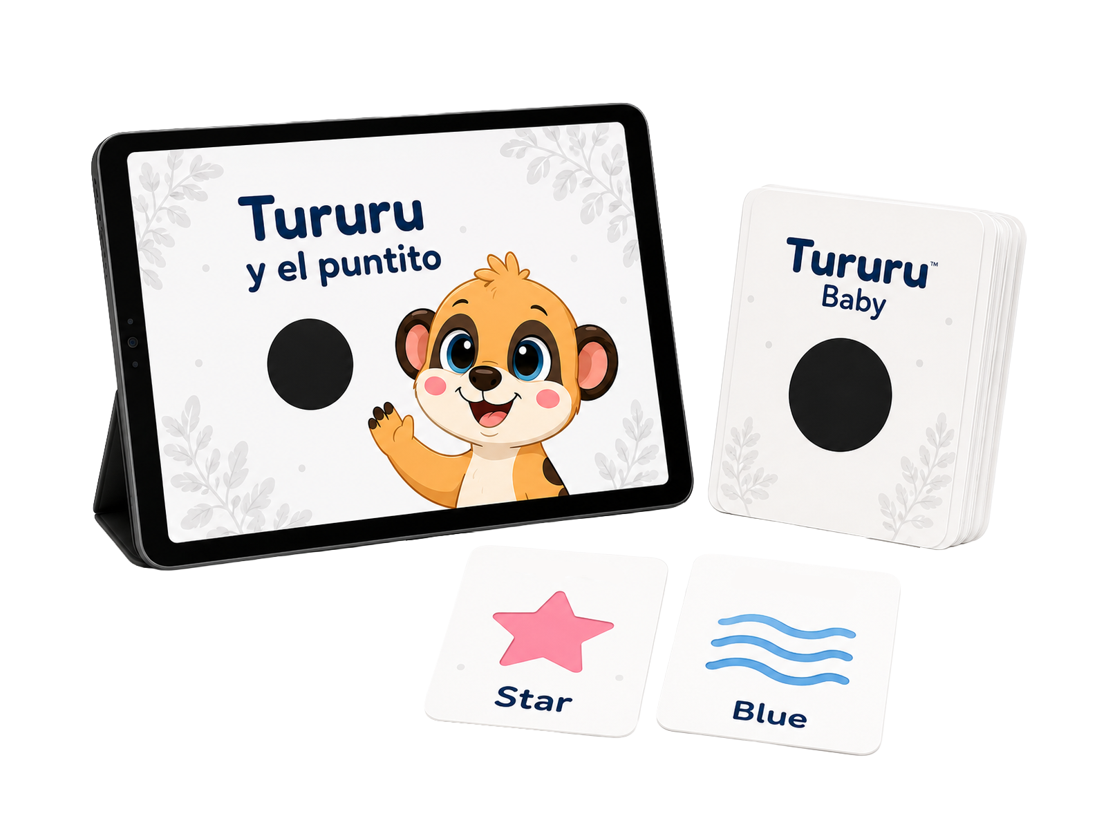 Tablet con cuento Tururu y flashcards imprimibles